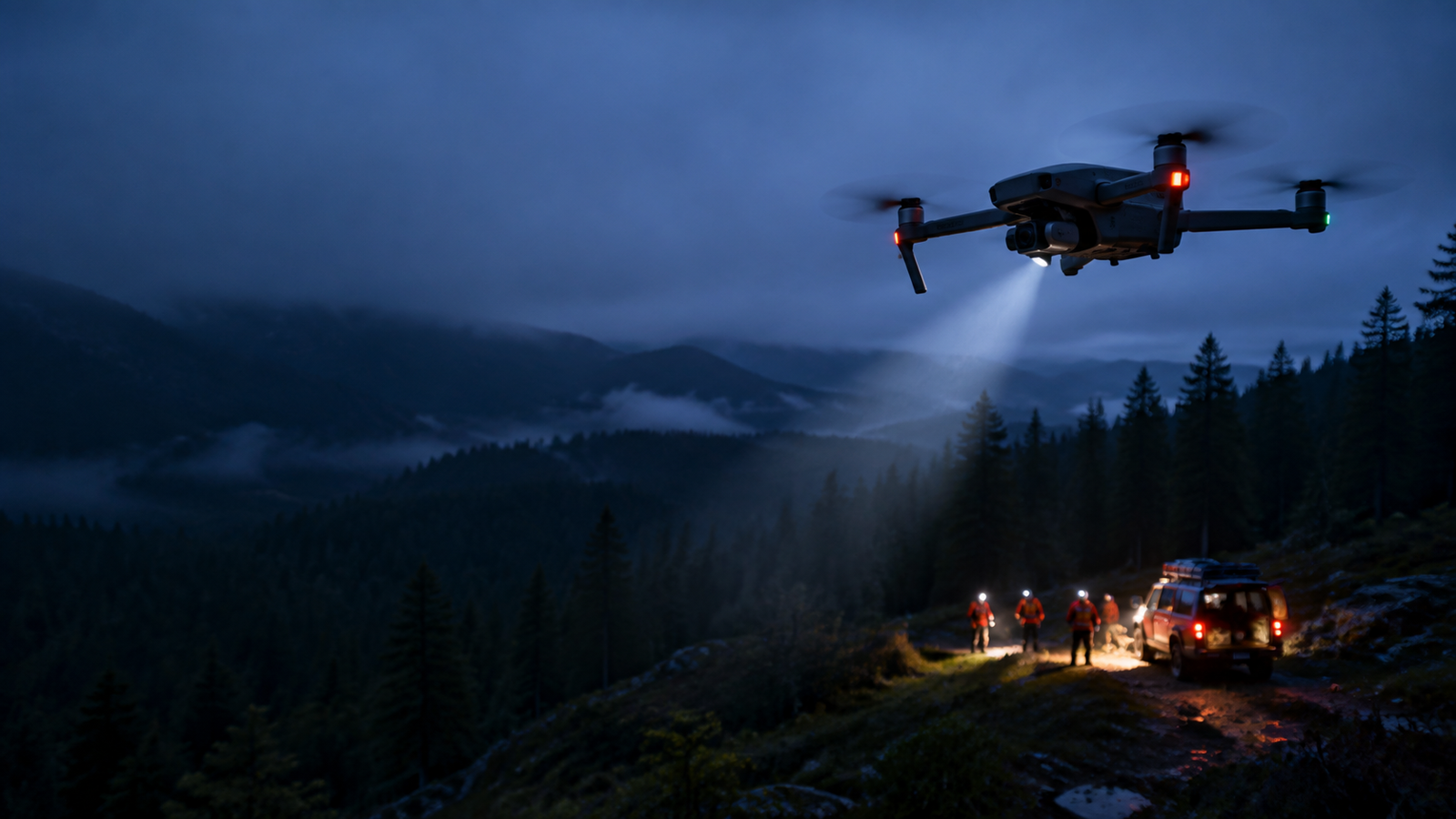 Unbranded drone supporting a search-and-rescue team in forested terrain